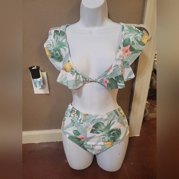 SHEIN Other - SHEIN Green and Pink Ruffle Bikini Set